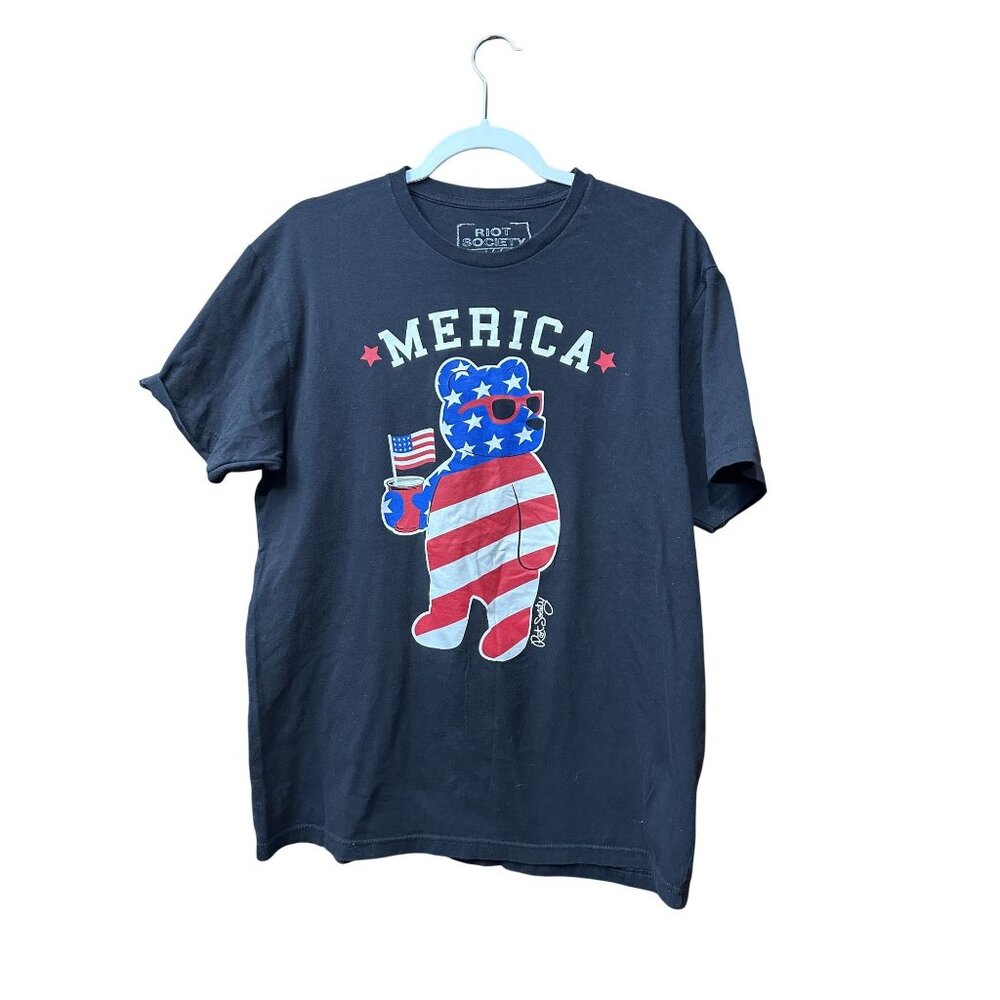 Riot Society Mens Merica Bear Graphic T-Shirt 100% Cotton Black Size L